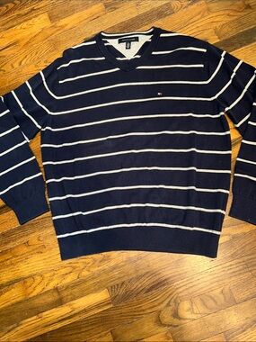 Tommy Hilfiger Navy V-Neck Sweater with White Stripes
